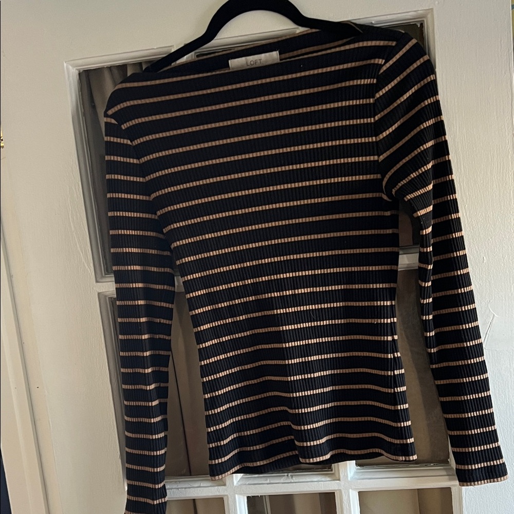 LOFT Black and Tan Striped Boatneck Top